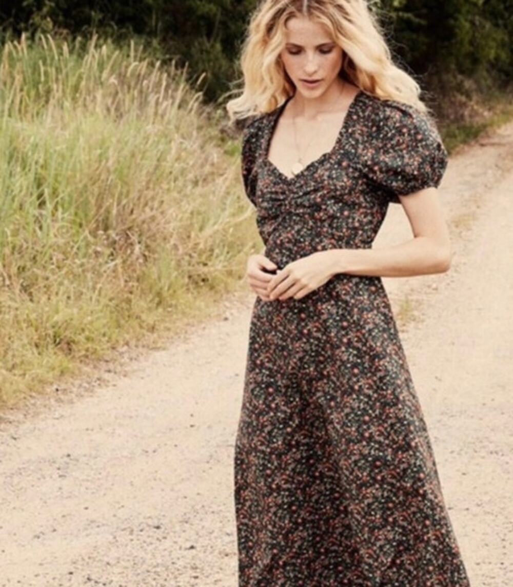 DOEN Sz S Small Dree Dress Black Jardin Floral Puff Sleeve Maxi Cotton